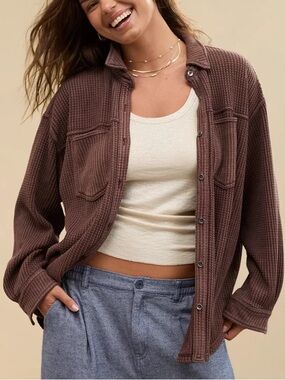 Aerie Anytime Fave Lumber Jane Waffle Shirt Shacket Med Brown Casual Loungewear